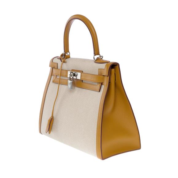 HERMES New Kelly 28 sellier handbag strap in beige canvas and gold leather, SHW - Picture 4 of 12
